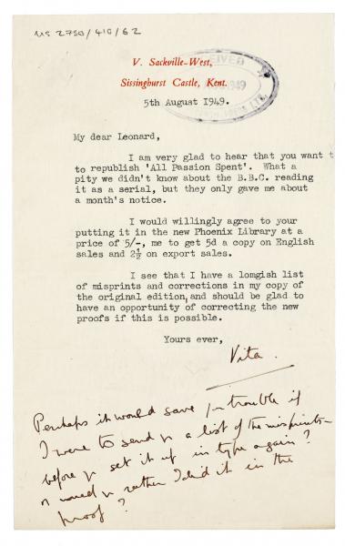 Image of typescript letter from Vita Sackville-West to Leonard Woolf (05/08/1949) page 1 of 1