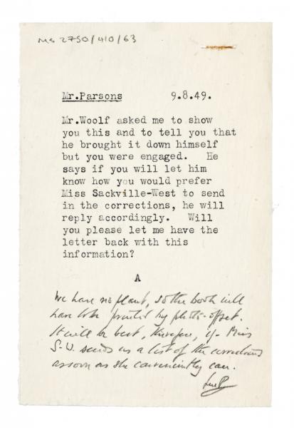 image of typescript internal note from Aline Burch to Ian Parsons (09/08/1949) page 1 of 1