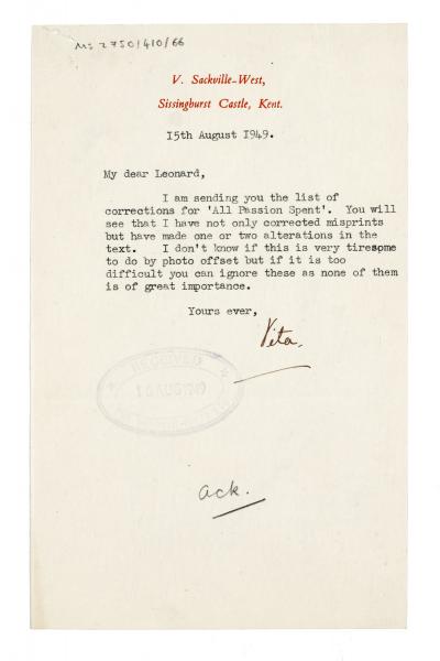 Image of typescript letter from Vita Sackville-West to Leonard Woolf (15/08/1949) page 1 of 1