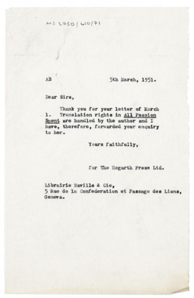 Image of typescript letter from Aline Burch to Libraire Naville & Cie (05/03/1951) page 1 of 1