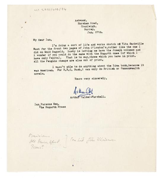 Image of a Letter from Arthur Calder-Marshall to Ian Parsons (27/01/1953)