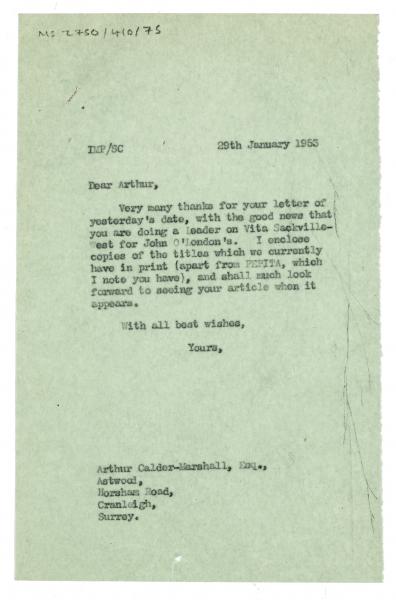 Image of typescript letter from Ian Parsons to Arthur Calder-Marshall (29/01/1953) page 1 of 1