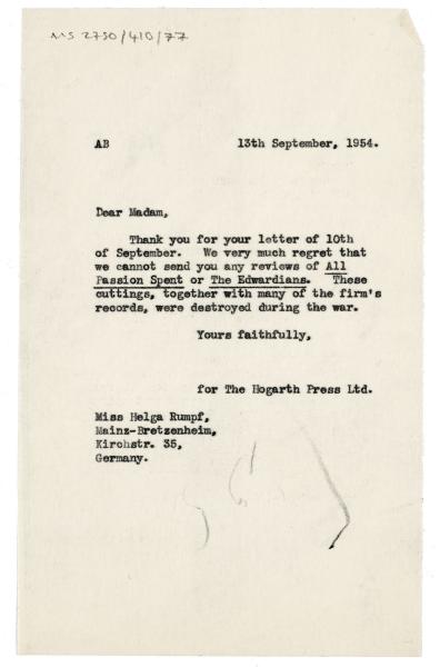 Image of typescript letter from Aline Burch to Helga Rumpf (13/09/1954) page 1 of 1 