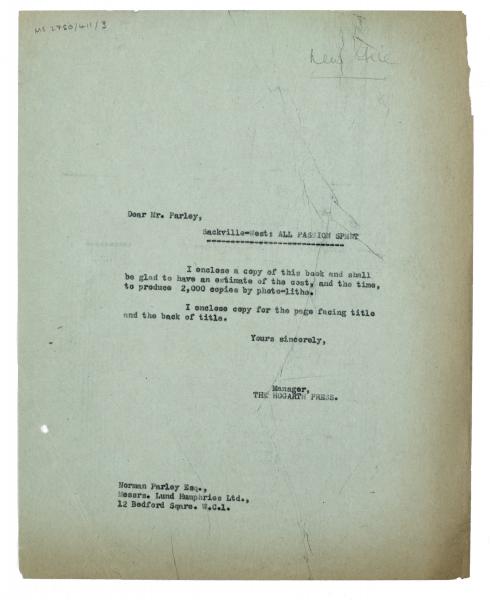 Image of typescript letter from The Hogarth Press to Percy Lund Humphries Ltd (14/12/1937) [1]  page 1 of 1