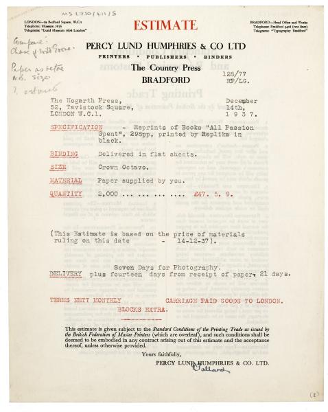 Image of typescript letter from Percy Lund Humphries Ltd to The Hogarth Press (14/12/1937) page 2 of 3