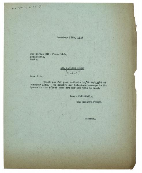 Image of typescript letter from The Hogarth Press to The Garden City Press Ltd (17/12/1937) page 1 of 1