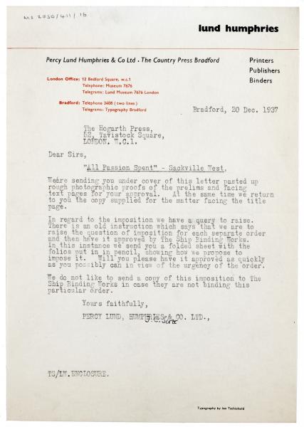 Image of typescript letter from Percy Lund Humphries Ltd to The Hogarth Press (20/12/1937) page 1 of 1