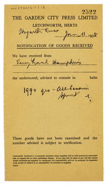 Image of notification of Goods received by The Garden City Press (11/01/1938) page 1 of 1