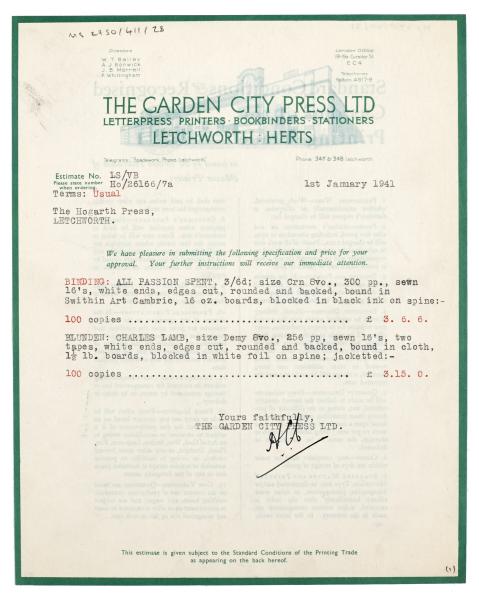 Image of typescript letter from The Garden City Press to the Hogarth Press (01/01/1941) page 1 of 1