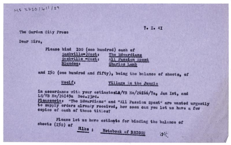 Image of typescript letter from Barbara Hepworth to The Garden City Press Ltd (07/01/1941) page 1 of 1