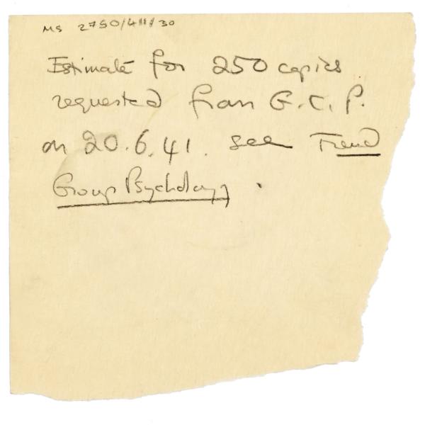 Image of handwritten filing note relating to Freud Group Psychology and estimate from Garden City Press ( 1 page)