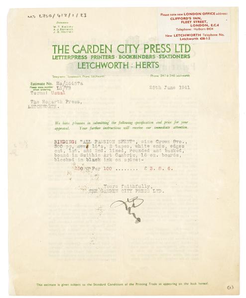 Image of typescript letter from The Garden City Press to The Hogarth Press (25/06/1941)  page 1 of 2