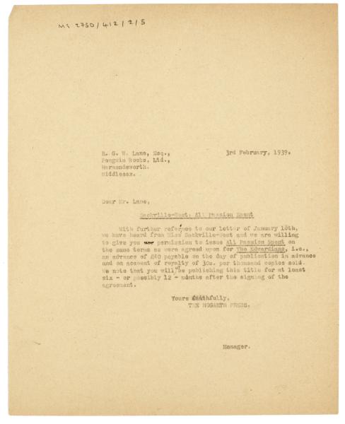 Image of typescript letter from The Hogarth Press to Richard Lane (03/02/1939) page 1 of 1