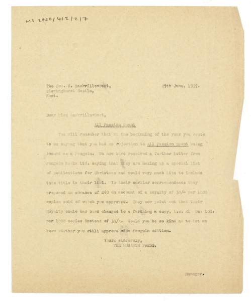 Image of typescript letter from The Hogarth Press to Vita Sackville-West (29/06/1939) page 1 of 1