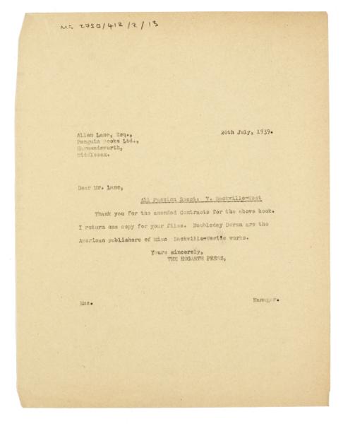 Image of typescript letter from Norah Nicholls to Allen Lane (26/07/1939) page 1 of 1