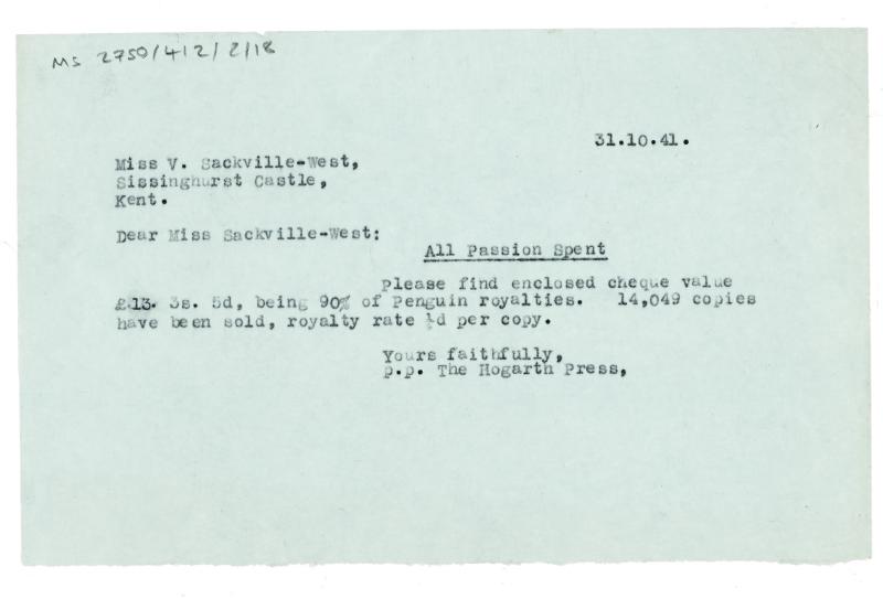 Image of typescript letter from The Hogarth Press to Vita Sackville-West (31/10/1941) page 1 of 1