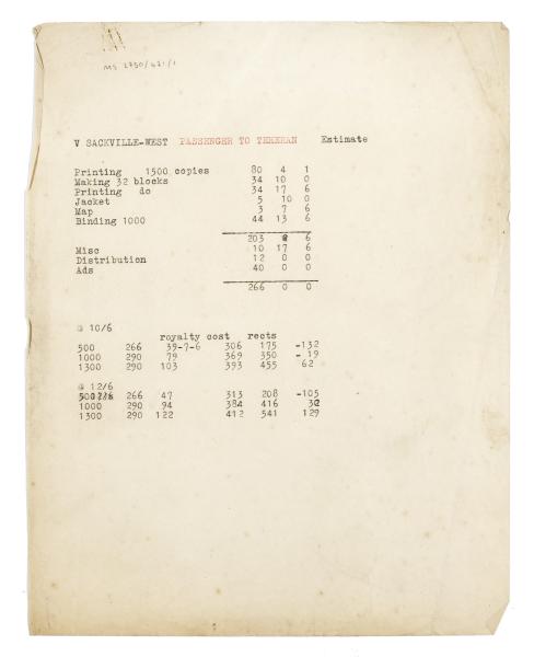 Image of typescript printing and binding estimate and royalty costs relating to Passenger to Teheran page 1 of 1
