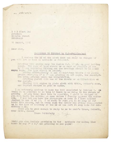 Image of typescript letter from Leonard Woolf to R. & R. Clark Ltd. (26/08/1926) page 1 of 1