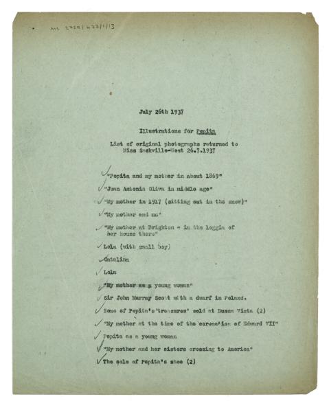 Image of typescript list of original photographs included in Pepita (26/07/1937) page 1  of 1