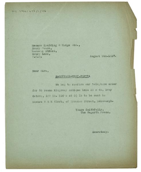 Image of typescript letter from Winifred Perkins to Spalding & Hodge (05/08/1937) page 1 of 1