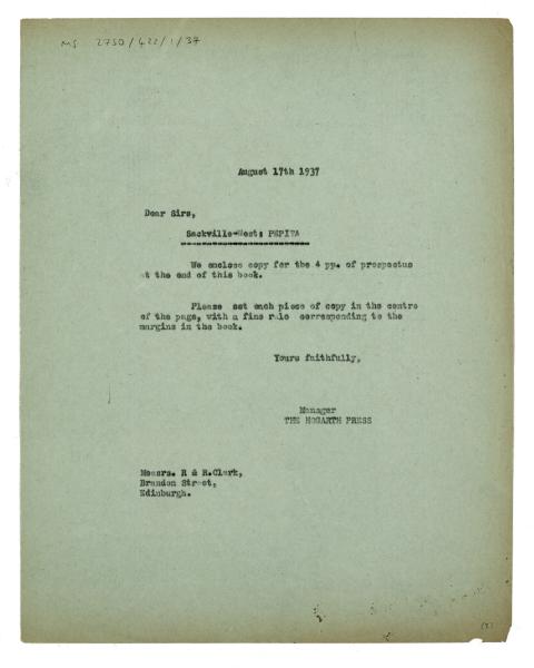 Image of typescript letter from The Hogarth Press to R. & R. Clark (17/08/1937) page 1 of 2