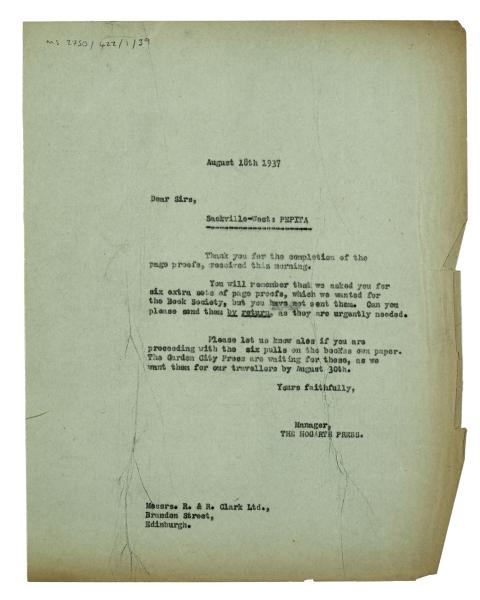 Image of typescript letter from The Hogarth Press to R. & R. Clark (18/08/1937) page 1 of 1
