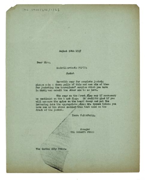 Typescript letter from The Hogarth Press to The Garden City Press (24/08/1937) page 1 of 1