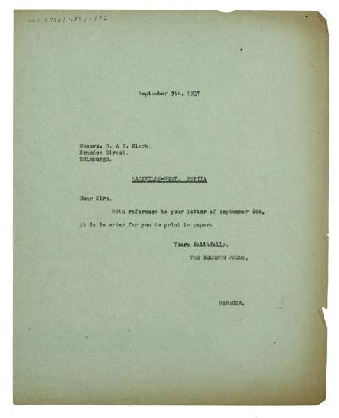 Image of typescript letter from The Hogarth Press to R. & R. Clark (09/09/1937) page 1 of 1