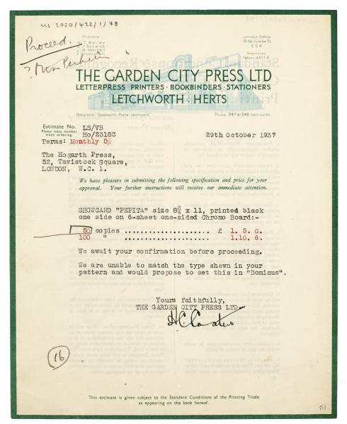 Image of typescript letter from The Garden City Press to The Hogarth Press (29/10/1937) page 1 of 1