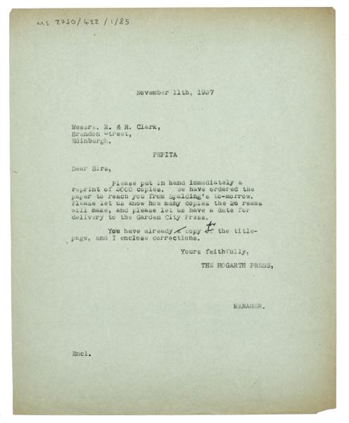 Image of typescript letter from The Hogarth Press to R. & R. Clark (11/11/1937) page 1 of 1