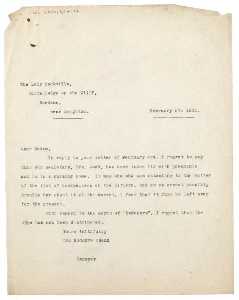 Image of typescript letter from The Hogarth Press to Vita Sackville-West (06/02/1925) page 1 of 1