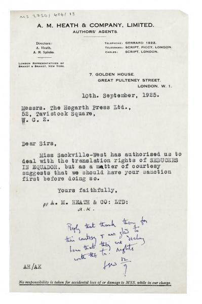 Image of typescript letter from A. M. Heath & Company to The Hogarth Press (10/09/1925) page 1 of 1