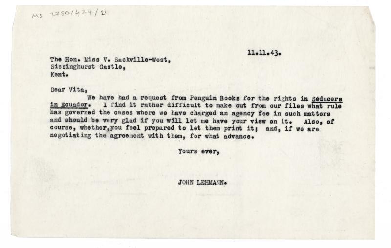 Image of typescript letter from John Lehmann to Vita Sackville-West (11/11/1943) page 1 of 1