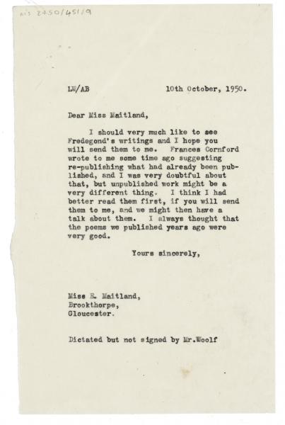 Image of typescript letter from Leonard Woolf to Ermengard Maitland (10/10/1950) page 1 of 1