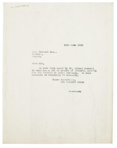 Image of typescript letter from The Hogarth Press to B. W. Huebsch (15/06/1932)  page 1 of 1