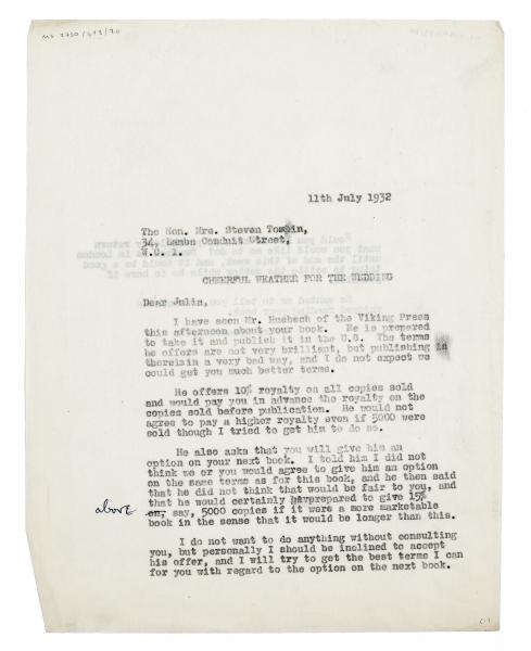 Image of typescript letter from The Hogarth Press to Julia Strachey (11/07/1932) page 1 of 2 