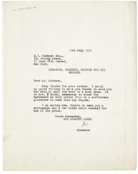 Image of typescript letter from Leonard Woolf to The Viking Press (22/07/1932) page 1 of 1
