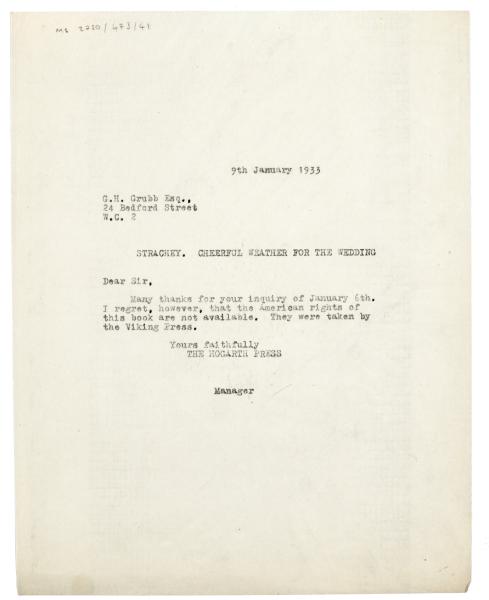 Image of typescript letter from The Hogarth Press to G. H. Grubb (09/01/1933) page 1 of 1