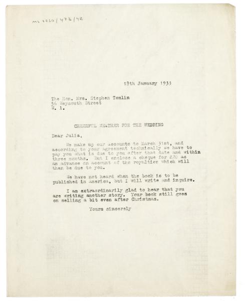 Image of typescript letter from The Hogarth Press to Julia Strachey (18/01/1933) page of 1