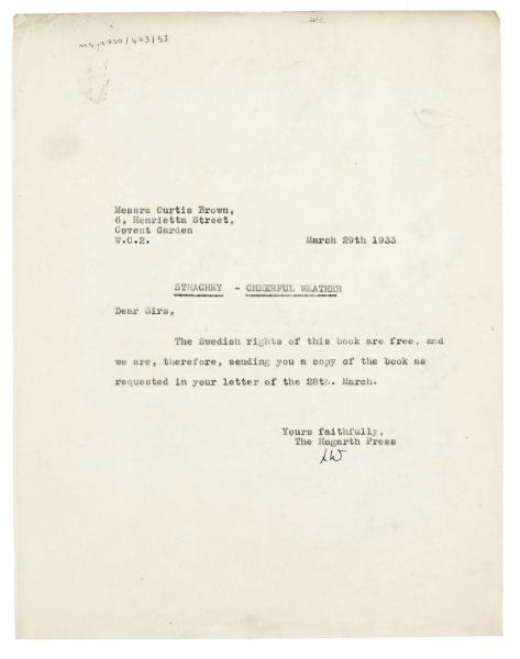 Image of typescript letter from Leonard Woolf to Curtis Brown Ltd (29/03/1933) page1 of 1