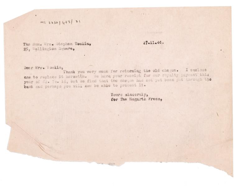 Image of typescript letter from The Hogarth Press to Julia Strachey (27/11/1944) page 1 of 1