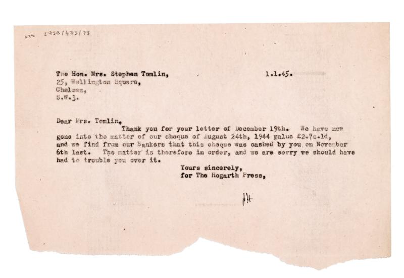 Image of typescript letter from Barbara Hepworth to Julia Strachey (01/01/1945) page 1 of 1