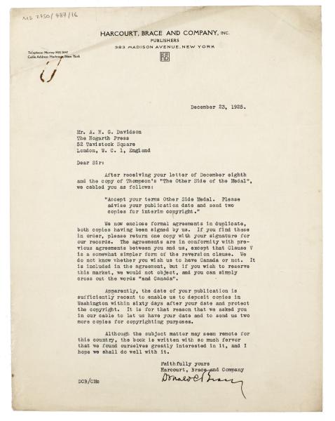 Image of typescript letter from Donald Brace to Angus Davidson (23/12/1925) page 1 of 1