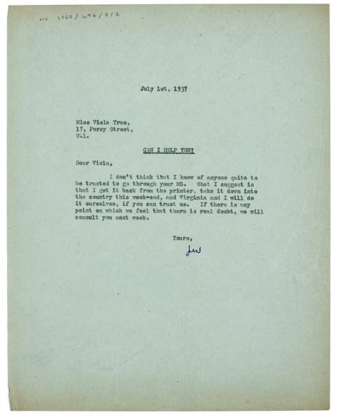Image of typescript letter from Leonard Woolf to Viola Tree (01/07/1937) page 1 of 1