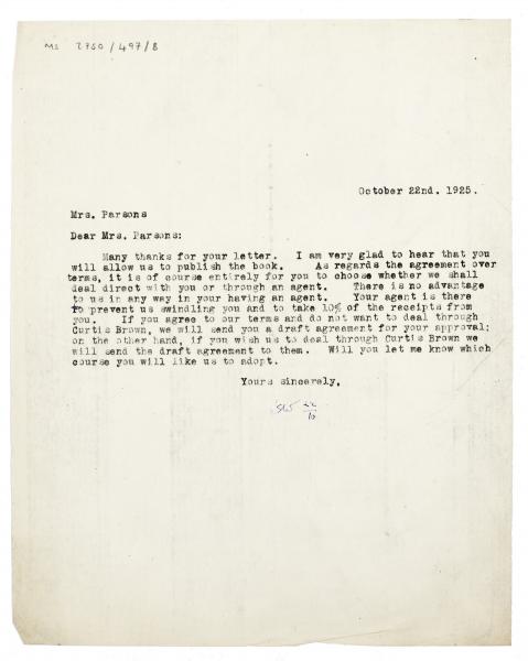 Image of typescript letter from Leonard Woolf to Viola Tree (22/10/1925) page 1 of 1
