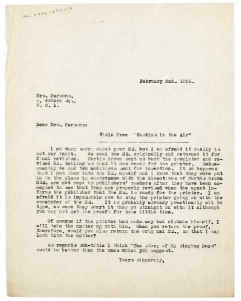 Image of typescript letter from Leonard Woolf to Mrs Parsons (Viola Tree) (02/02/1926) page 1 of 1 