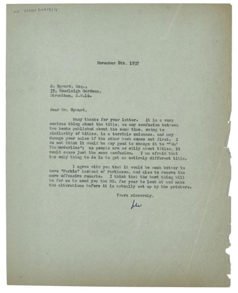 Image of typescript letter from Leonard Woolf to Edward Upward (08/11/1937) page 1 of 1