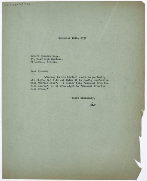 Image of typescript letter from Leonard Woolf to Edward Upward (18/11/1937) page 1 of 1