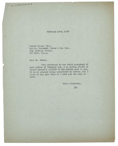 Image of typescript letter from Leonard Woolf to Donald Brace (10/02/1938) page 1 of 1 
