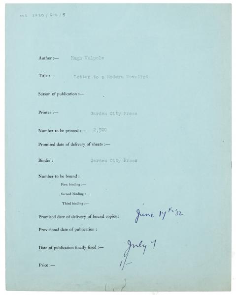 typescript printing, binding and delivery information relating to A Letter to a Modern Novelist (1932) page 1 of 1